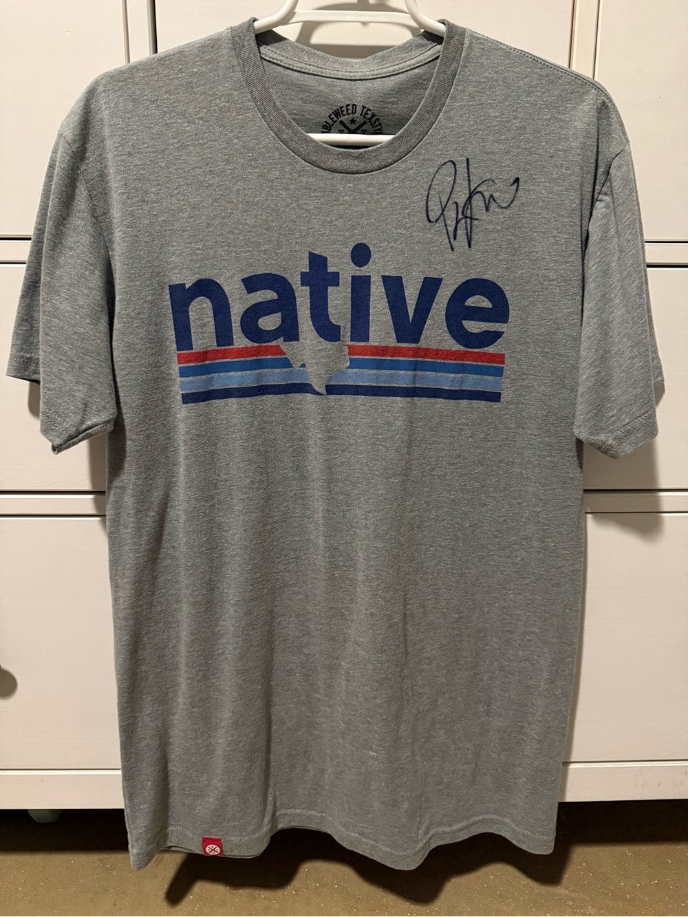 Native Short Sleeve Grey Tee with Navy Logo and Red & Blue Stripes